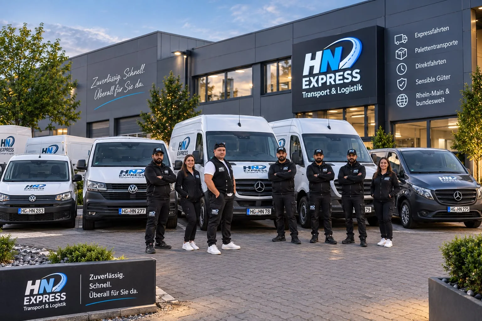 Team von HN Express vor dem kompletten Fuhrpark aus Sprintern, Transportern und Vito