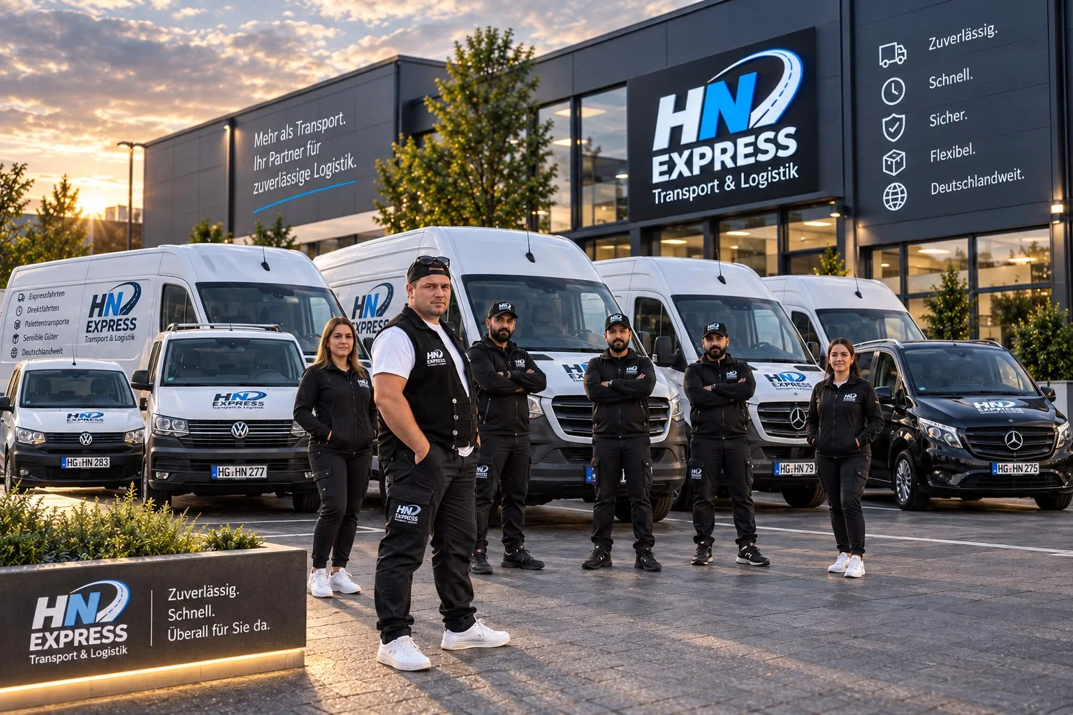 Team und Fuhrpark von HN Express vor dem Firmensitz in Bad Homburg
