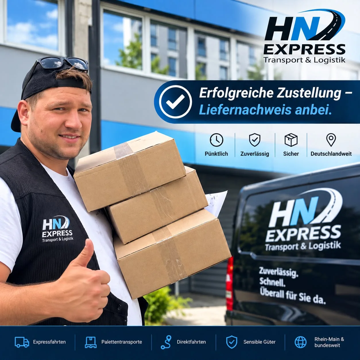 Fahrer von HN Express mit Paketen und Liefernachweis